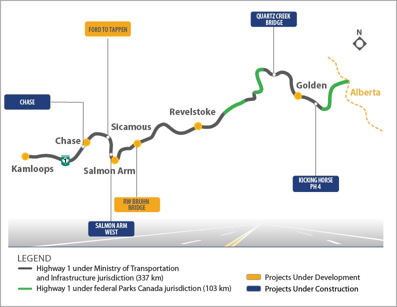 An image of a hughway graphic from Kamloops to Alberta